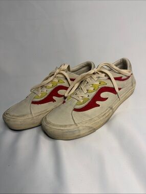 Vans Cream Canvas Sneakers with Red Flame and Yellow Eyelets
